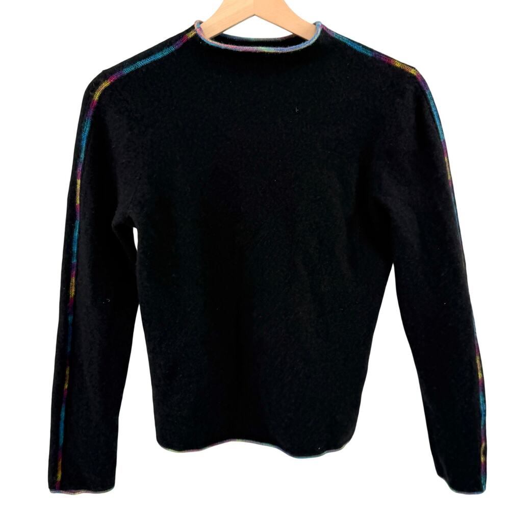 COMOBOCA Black 100% Cashmere Rainbow Trim Crewneck Sweater